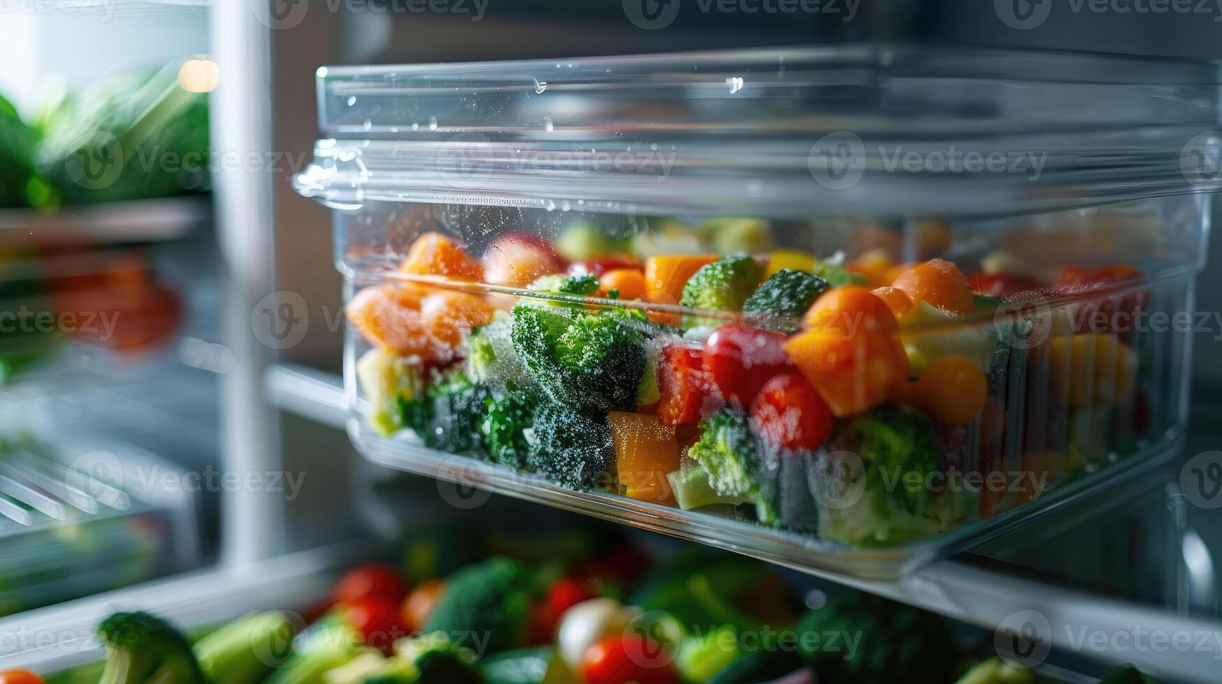 Transparent food container with frozen vegetables. Freshly frozen broccoli, tomatoes and pepper pieces. Healthy food. A way to store food for a long time photo