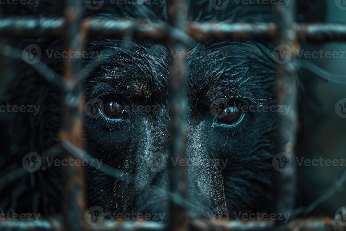 A sad bear looks through the bars of a cage with longing eyes. Plight life in captivity, animal smuggling photo