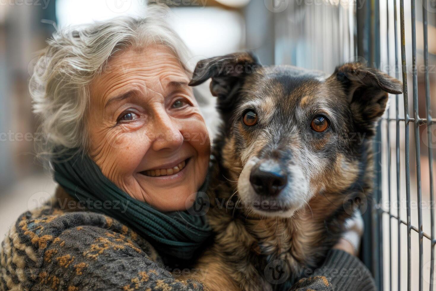 Happy elderly woman hugging a dog she adopted from an animal shelter. Animal rescue center, pet care photo