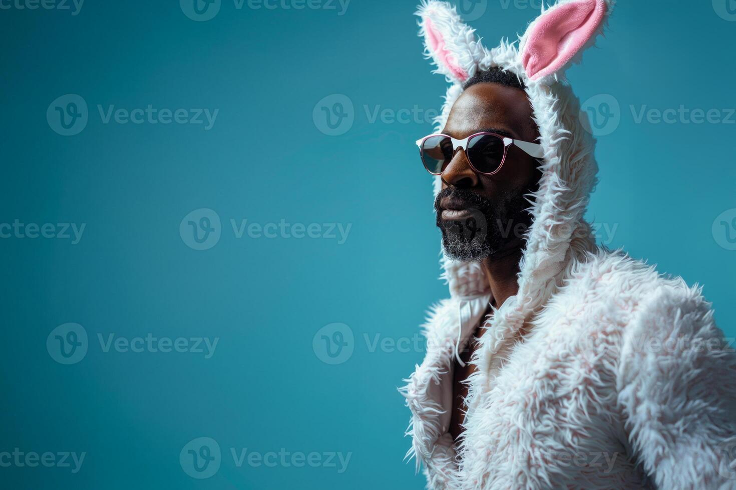 Portrait of muscular black sexy man in white bunny suit on blue background with copy space for text and congratulations to women on Easter photo