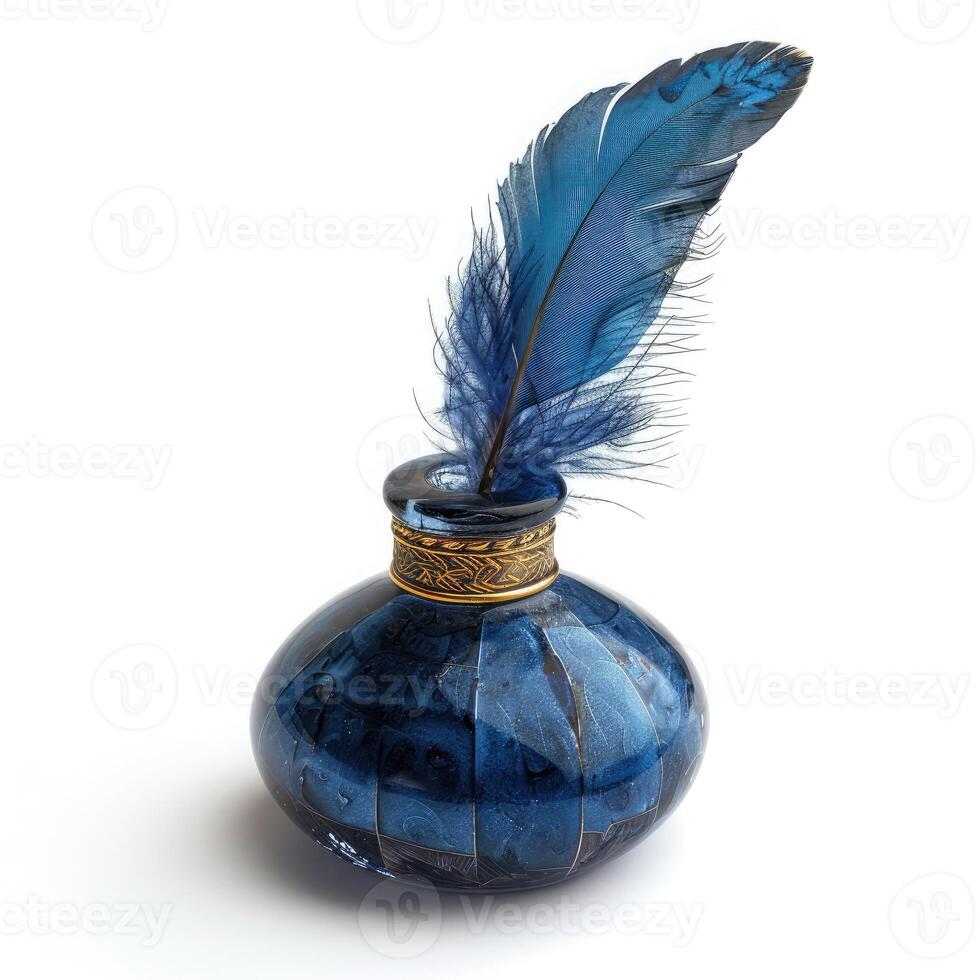 Antique blue glass inkwell and blue feather isolated on white background. Symbol of writing, creativity and history, reminiscent of the times of fountain pens and handwritten letters. World Poetry Day photo