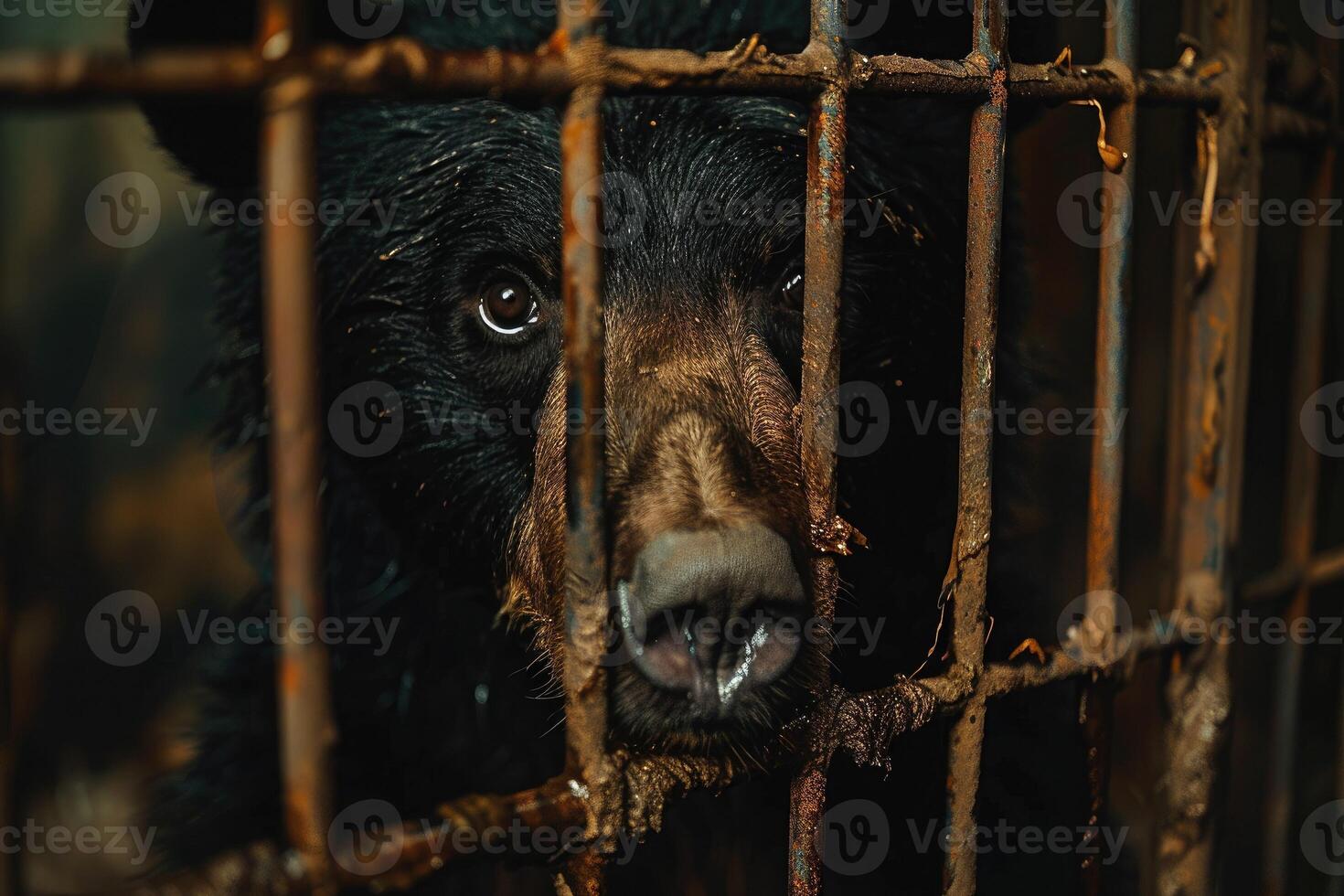 A sad bear poked his muzzle through the bars, looking with longing eyes. The plight of animals in captivity, smuggling of wild animals photo