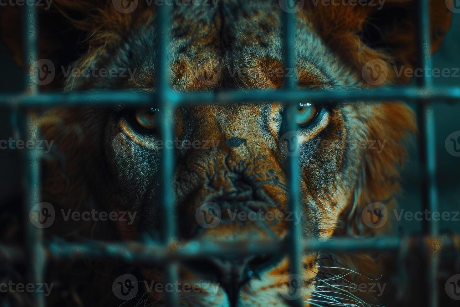 lion peers through the bars of his enclosure, his piercing eyes reflecting strength and sadness. The importance of wildlife conservation and the plight of animals in captivity, wildlife smuggling photo