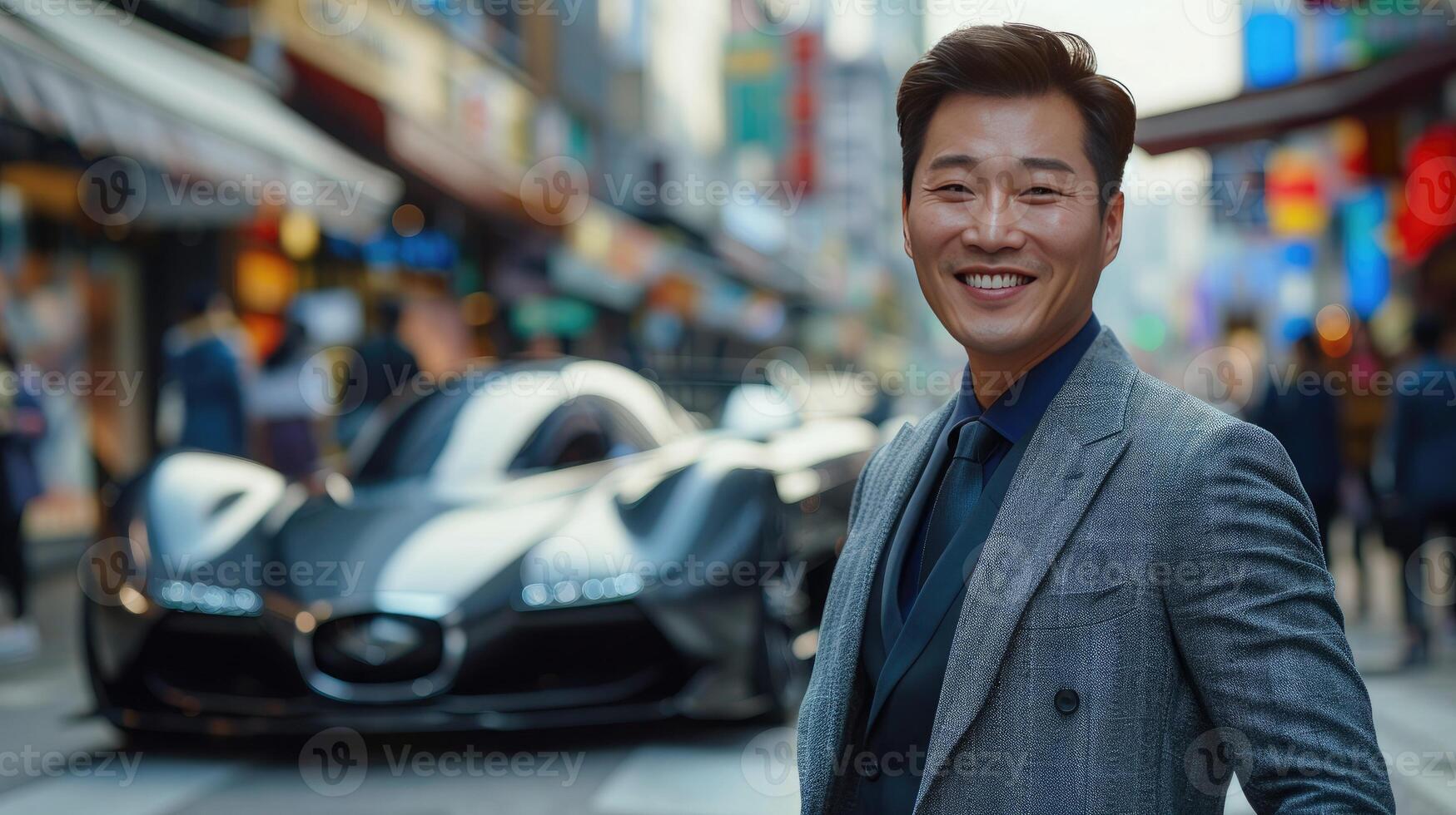 Young asian businessman in suit standing on street with new modern luxury car in background. Prestige, style and innovative technologies in mechanical engineering photo