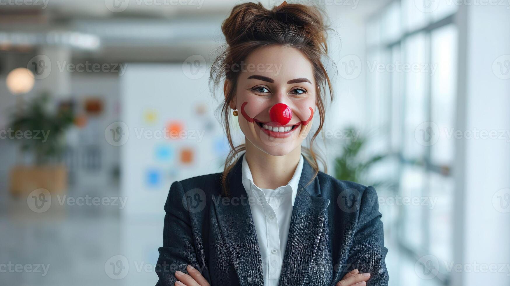 Cheerful businesswoman with red clown nose and painted smile celebrates April Fools' Day in the office. Joke, prank on colleagues at work photo