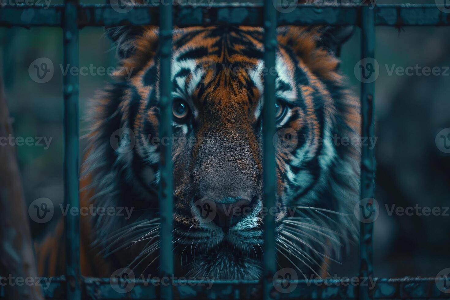 A tiger peers through the bars of its enclosure, its piercing eyes reflecting strength and sadness. The importance of preserving wildlife and the plight of animals in captivity. photo