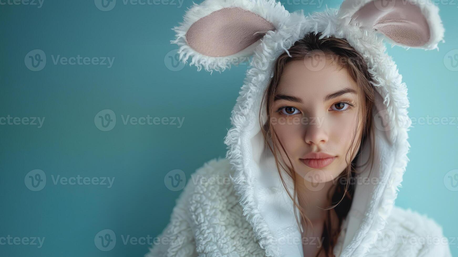 Portrait of young beautiful woman in white bunny costume on blue background with place for text. Happy Easter advertising banner with place for message. photo