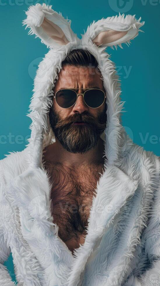 Portrait of muscular sexy man in white bunny suit on blue background. Handsome man congratulates women on Easter photo