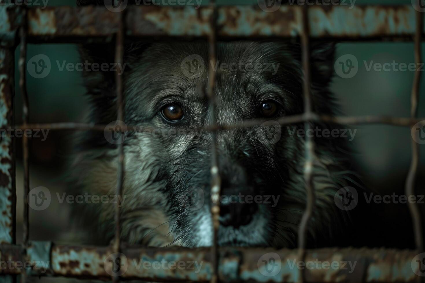 A stray dog looks through the metal bars of a cage at an animal shelter. Life in an animal shelter, animal rescue center photo