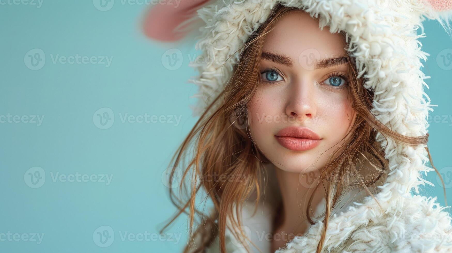 Beautiful young woman in white bunny costume with ears on blue background. Banner with empty copy space for text and messages. Advertising layout for promotion. Happy Easter photo
