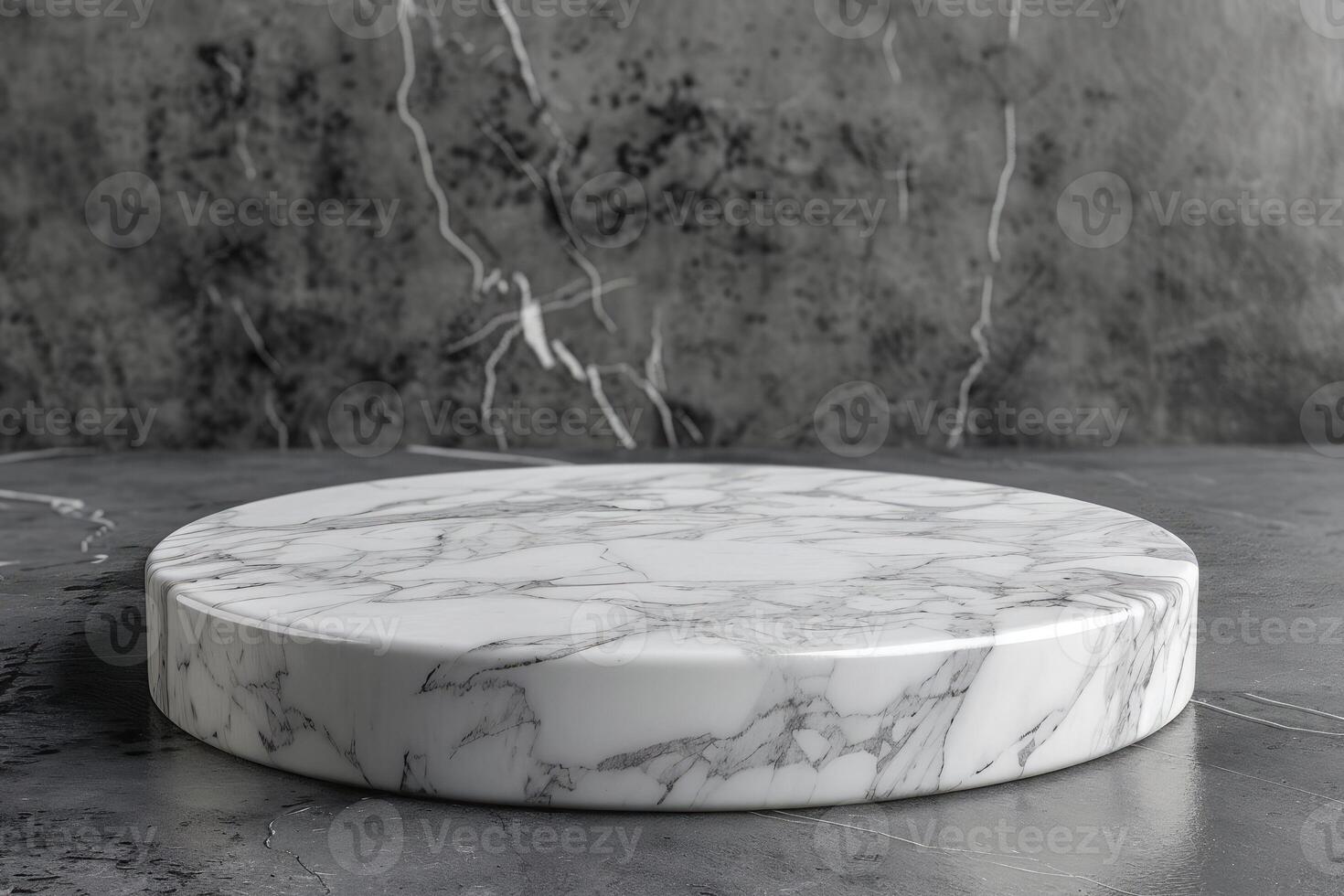 Luxurious round white marble pedestal with elegant dark veins on marble background. Suitable for product display, branding or interior design concepts with a touch of sophistication photo