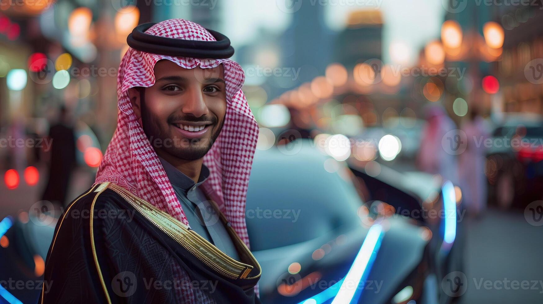 Young Arab man in traditional keffiyeh and elegant black robe stands confidently on busy city street at night with luxury car in background photo