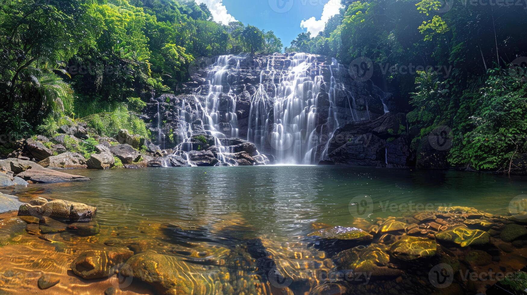 Beautiful tropical waterfall cascading into a clear pool surrounded by lush jungle on a sunny day, perfect for travel, adventure, and nature relaxation themes photo