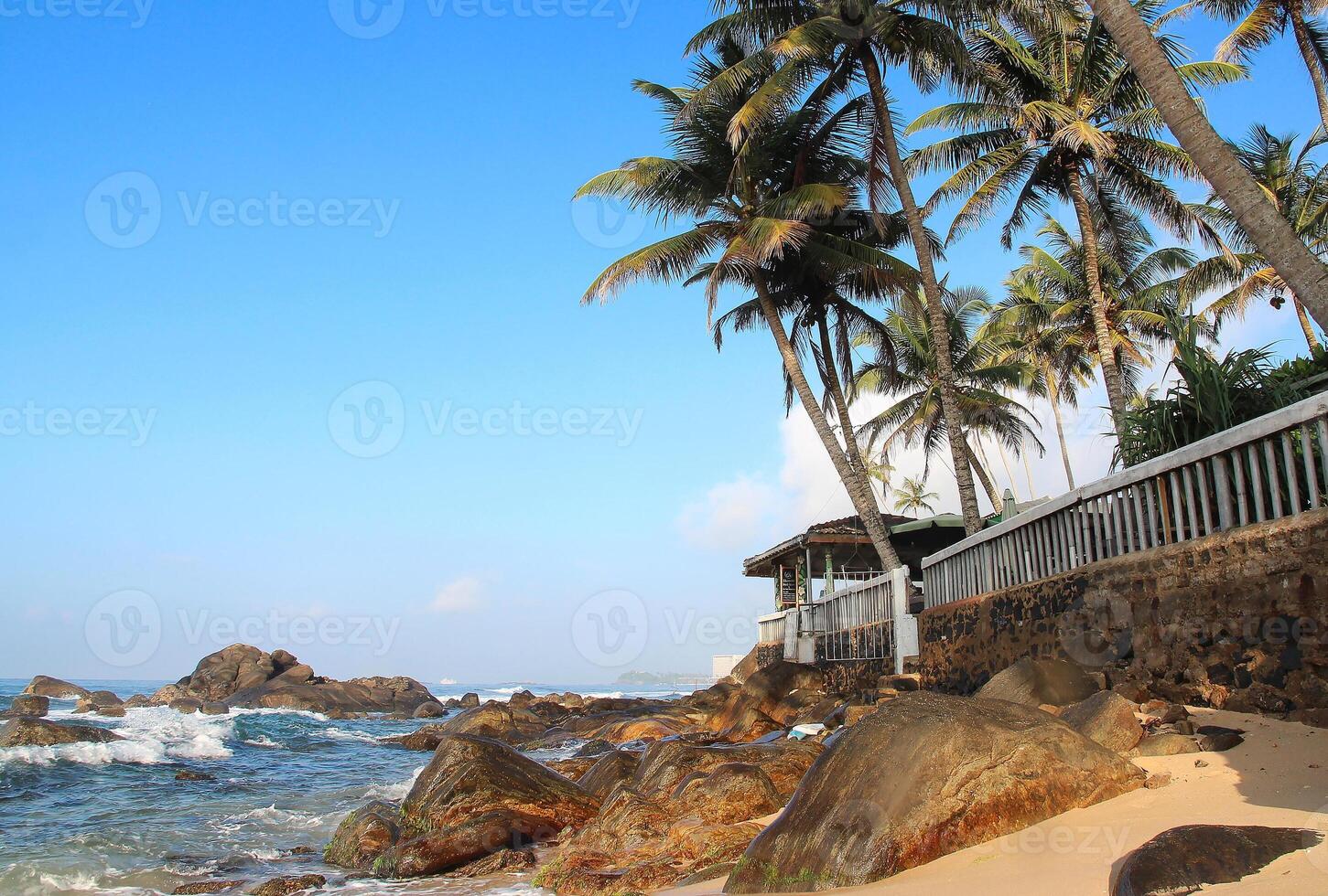 Seascape with a small cafe on the seashore. Waves crashing on coastal rocks and cliffs, tropical coconut palms and blue sky on a sunny day. Travel, recreation and tourism. photo