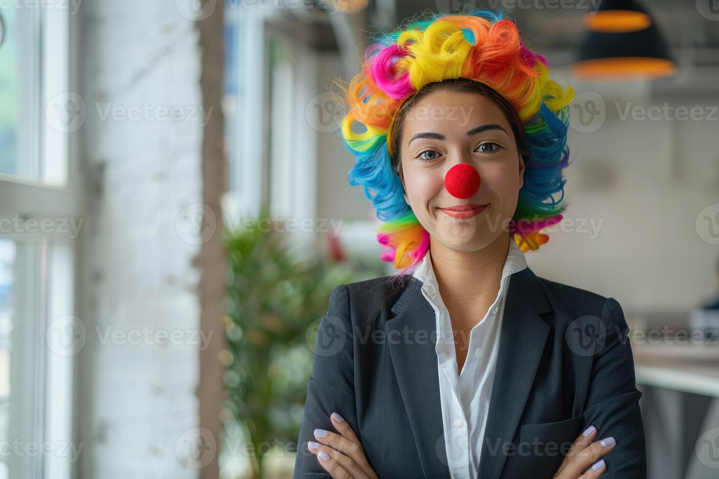 Cheerful young businesswoman crossed her arms on her chest in a colorful wig with a red clown nose celebrates April Fools' Day in the office. Work joke and prank on colleagues on April 1 photo