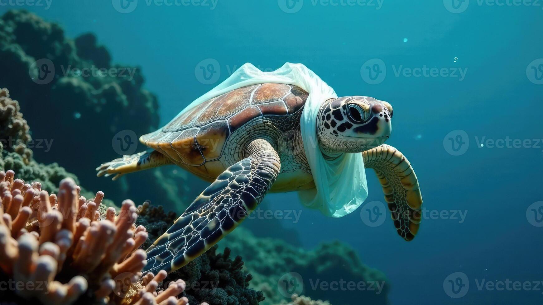 Sea turtle fights plastic bag in ocean, marine pollution. Idea raises awareness of environmental issues and ocean conservation, calling for action to protect marine life photo