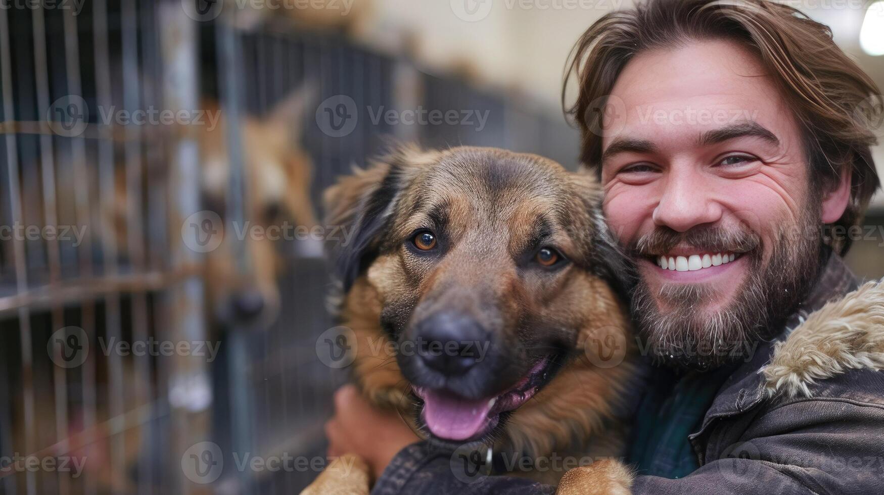 Young man happily hugs a dog adopted from an animal shelter. Volunteer with a dog at an animal rescue center. Caring for pets. photo