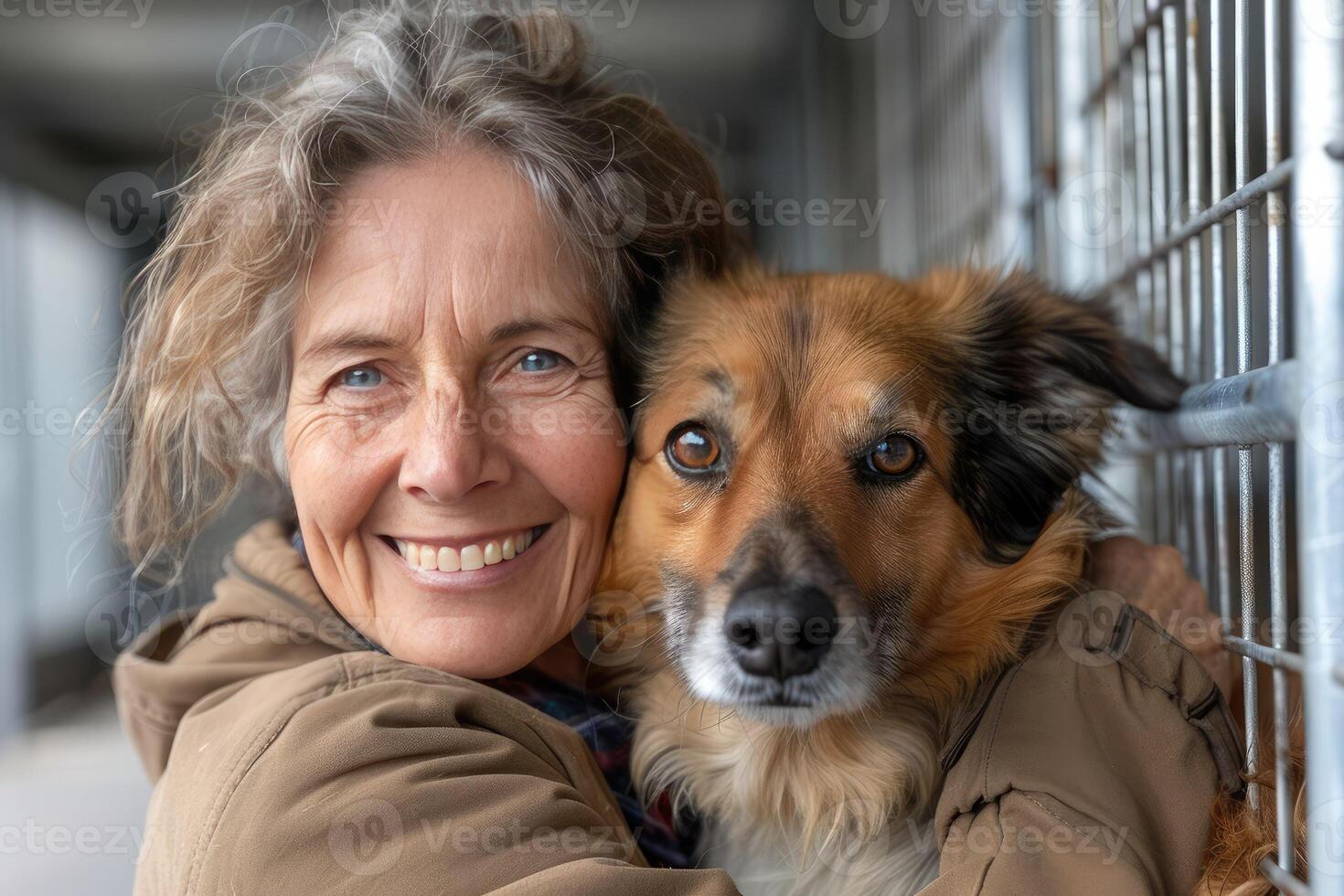 An elderly woman happily hugs a dog adopted from an animal shelter. Animal shelter volunteer takes care of dogs. photo