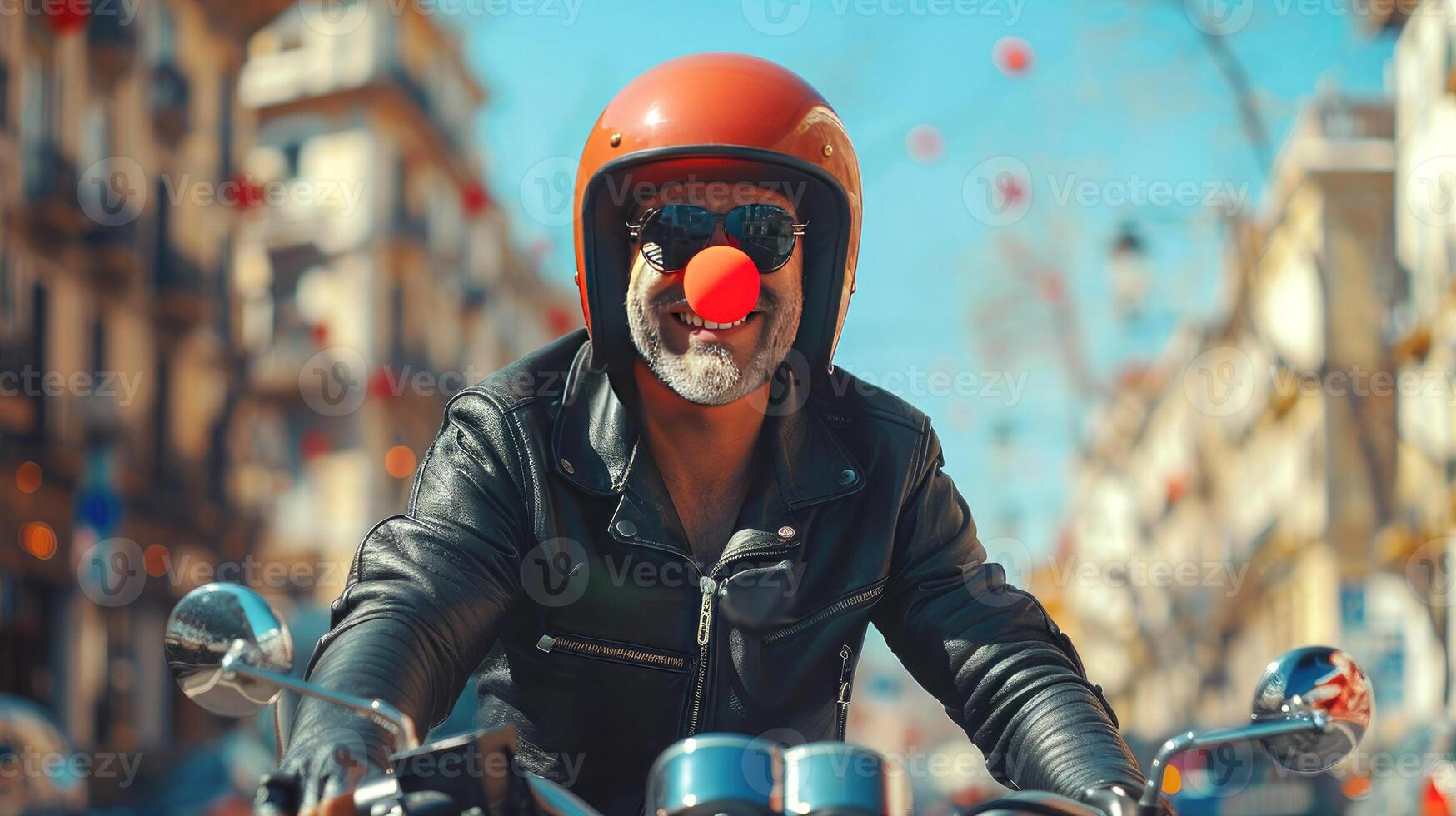 A cheerful biker in a helmet with a red clown nose in a leather jacket rides through the city celebrating April Fools Day on April 1 photo