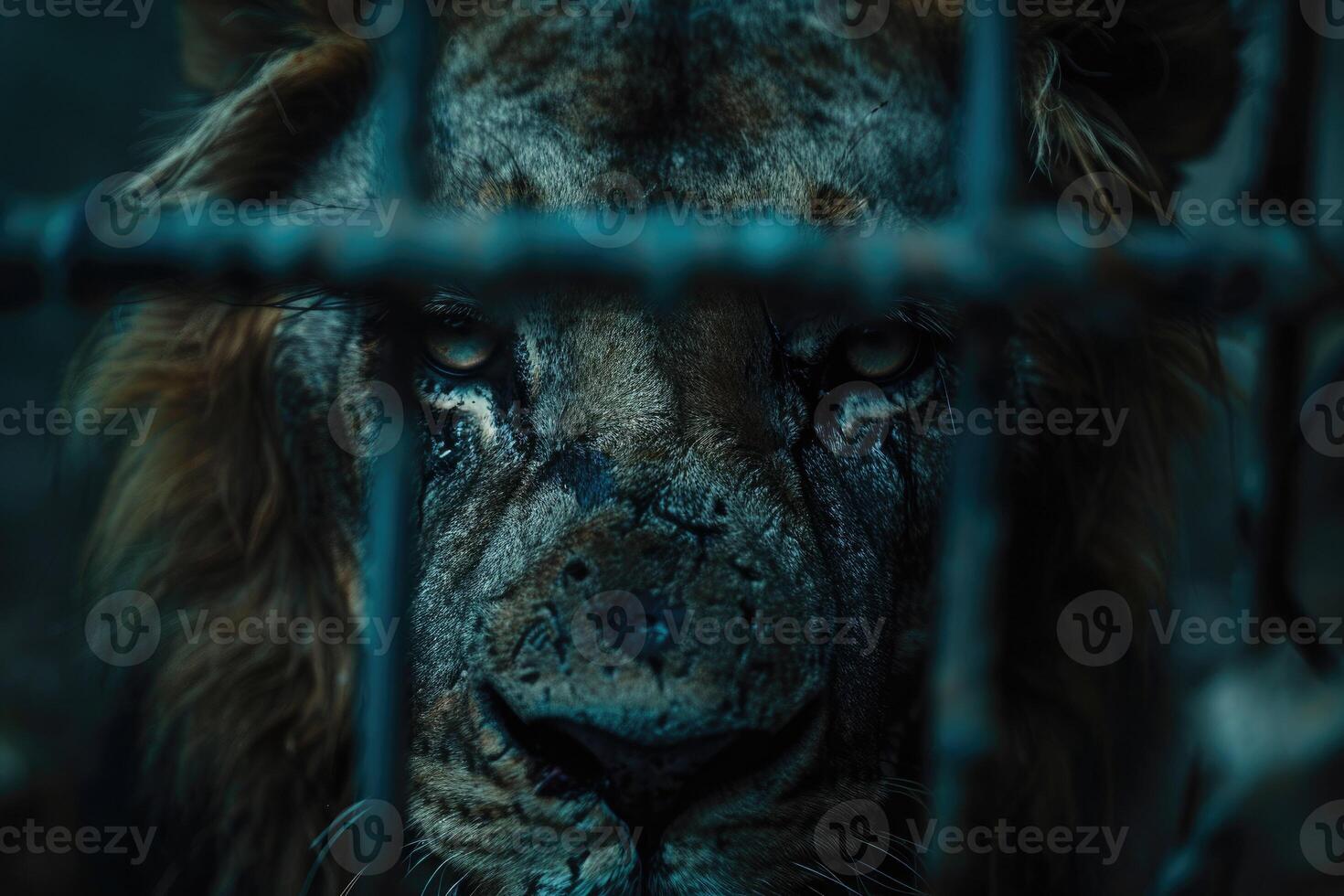 A wild old lion with scars on his face looks sadly through the bars of a cage. Wildlife trade. Animal in captivity. Animal trapping, poaching photo