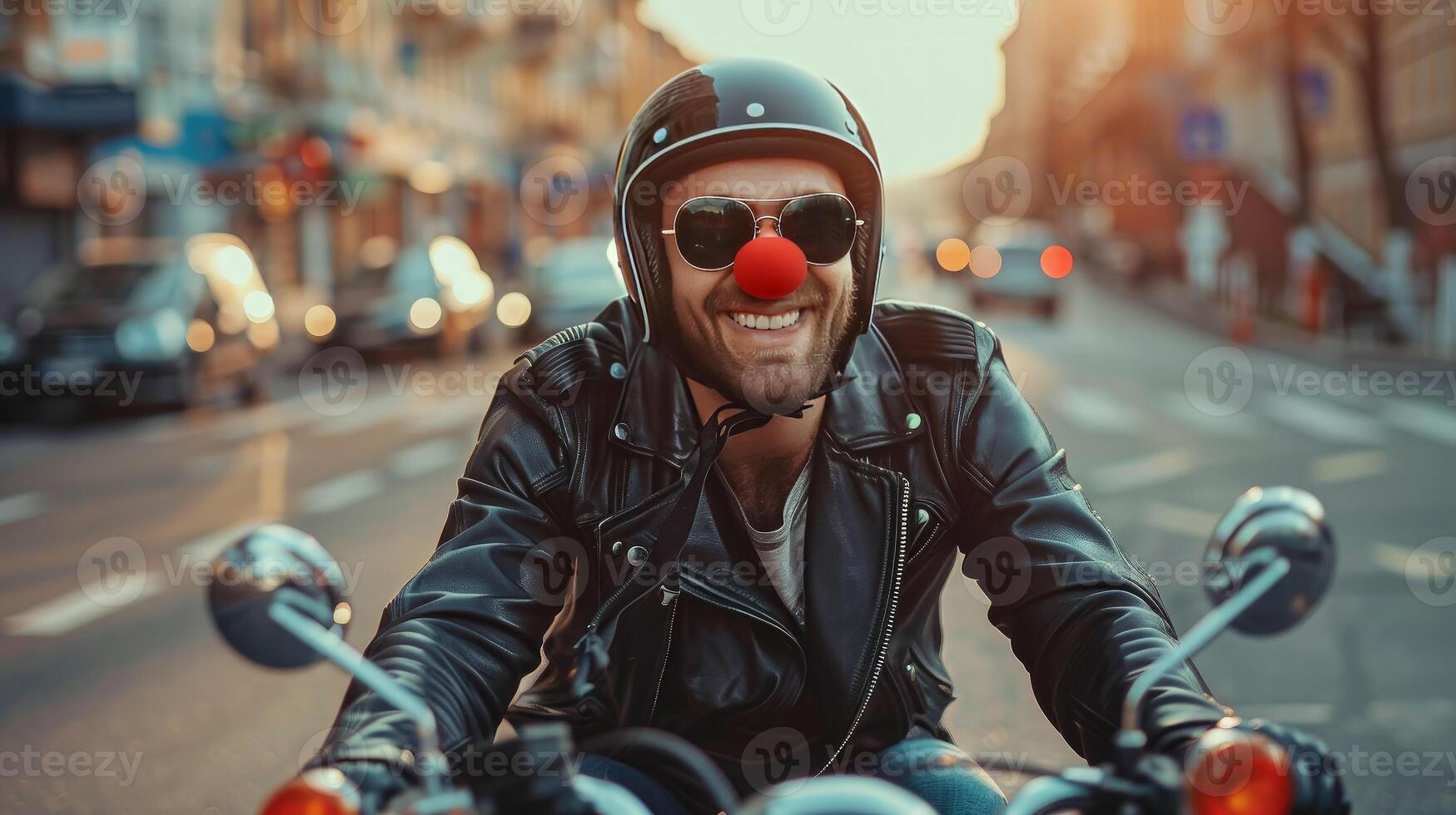 A cheerful biker in a helmet and leather jacket with a red clown nose rides along the city street on a motorcycle celebrating April Fool's Day. A joke and prank on April 1 photo