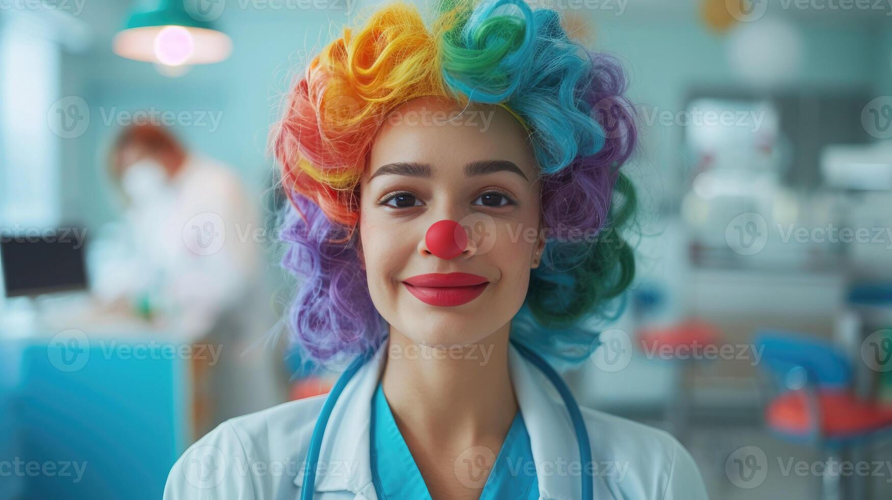 Smiling young female doctor in colorful bright wig with red clown nose stands in the middle of medical office in hospital giving joy and fun to patients on April Fools Day. photo