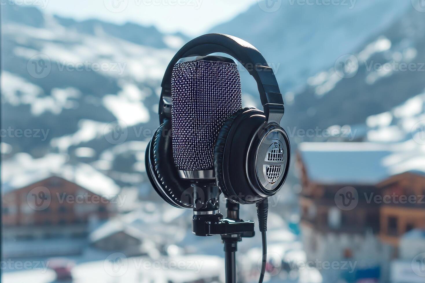 Podcasting and radio concept with retro microphone and headphones. photo