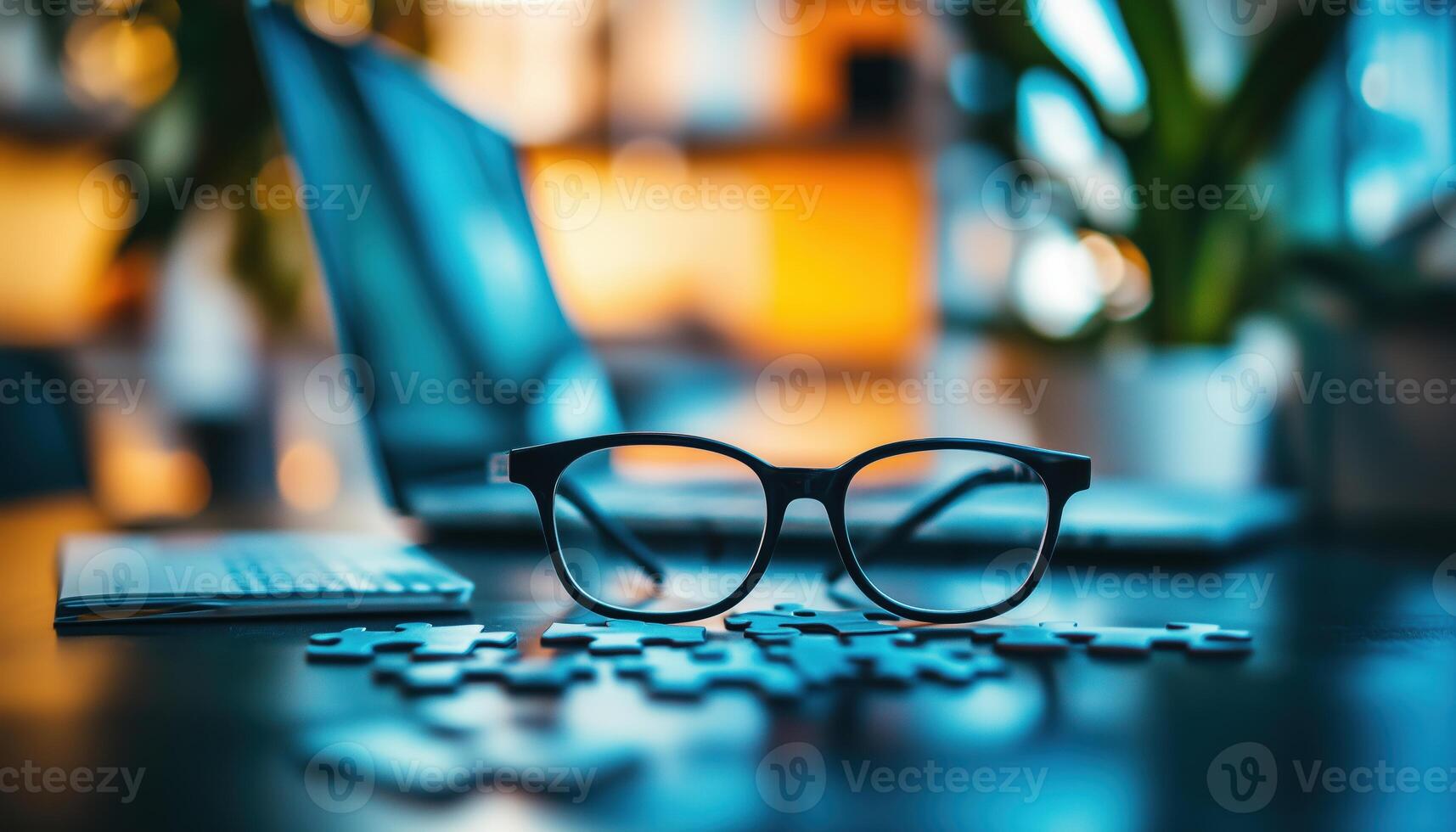 Office Desk Setup. Glasses, Jigsaw Puzzle Pieces, And Employee Working On Laptop Illustrating Effective Management And Business Solutions. photo