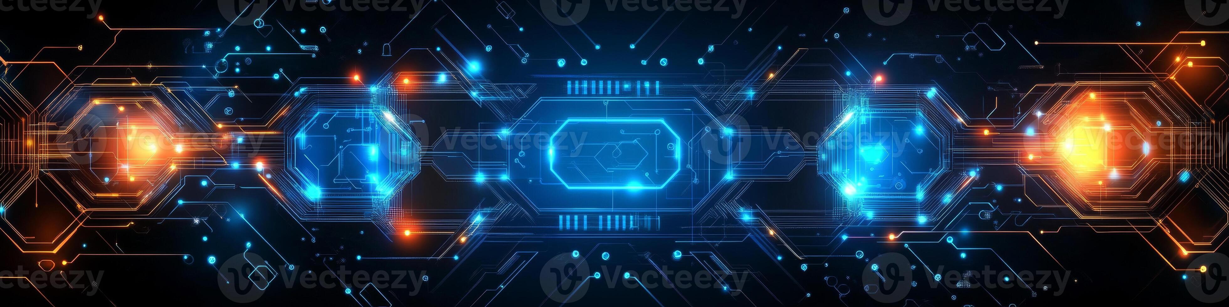 Futuristic Circuit Board With Glowing Nodes, Intricate Design on Dark Background, Tech Illustration photo