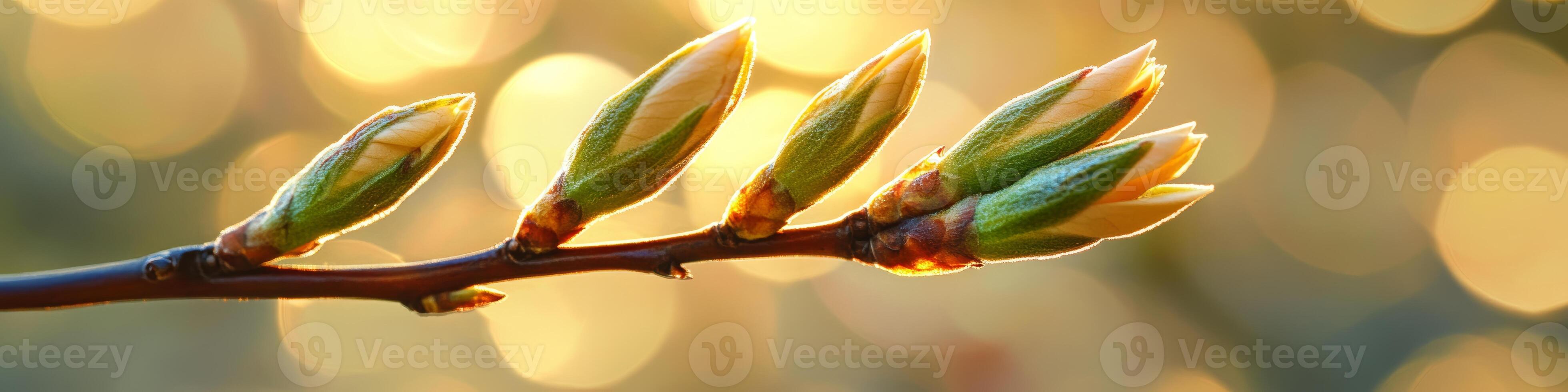 Spring Green Buds Blossom on Branches. Blooming Tree Branches against Bokeh Background photo