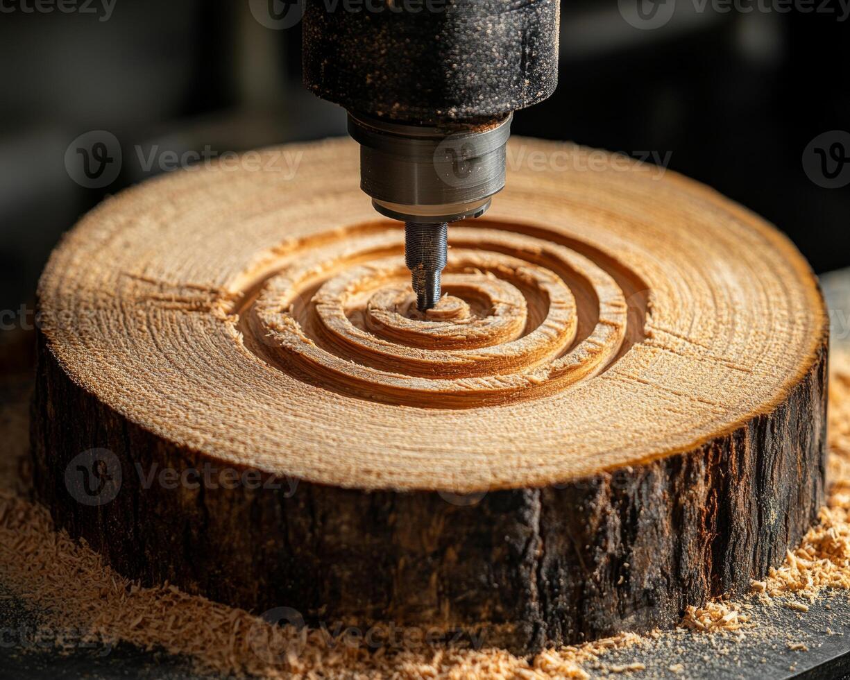 CNC Router Engraving Spiral on Cherry Wood Precision Craftsmanship for Custom Logo Design, Close-Up photo