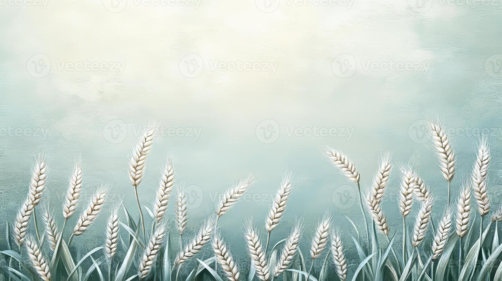 White Wheat Stalks Artistic Flourish, Minimalist Design on Muted Green Backdrop with Copy Space. photo