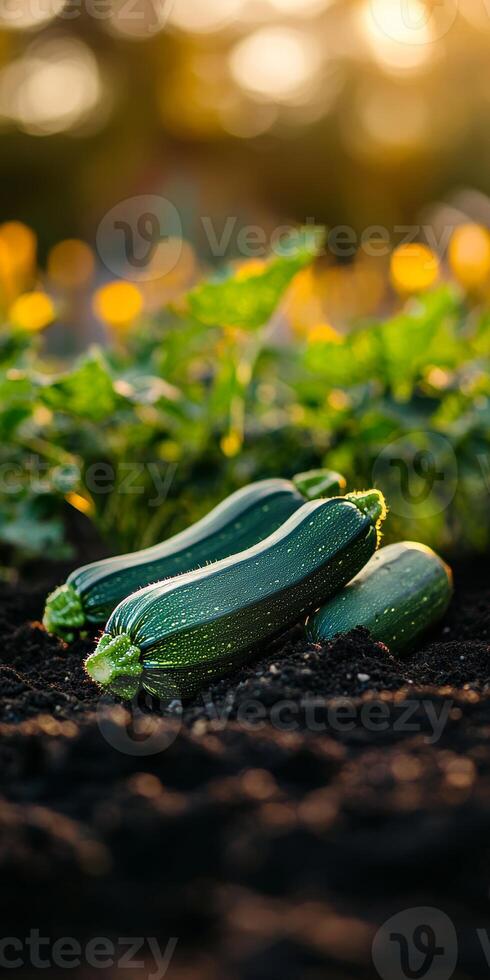 Three Freshly Picked Green Zucchini Ready for Harvest, Resting on Rich Soil in the Garden photo
