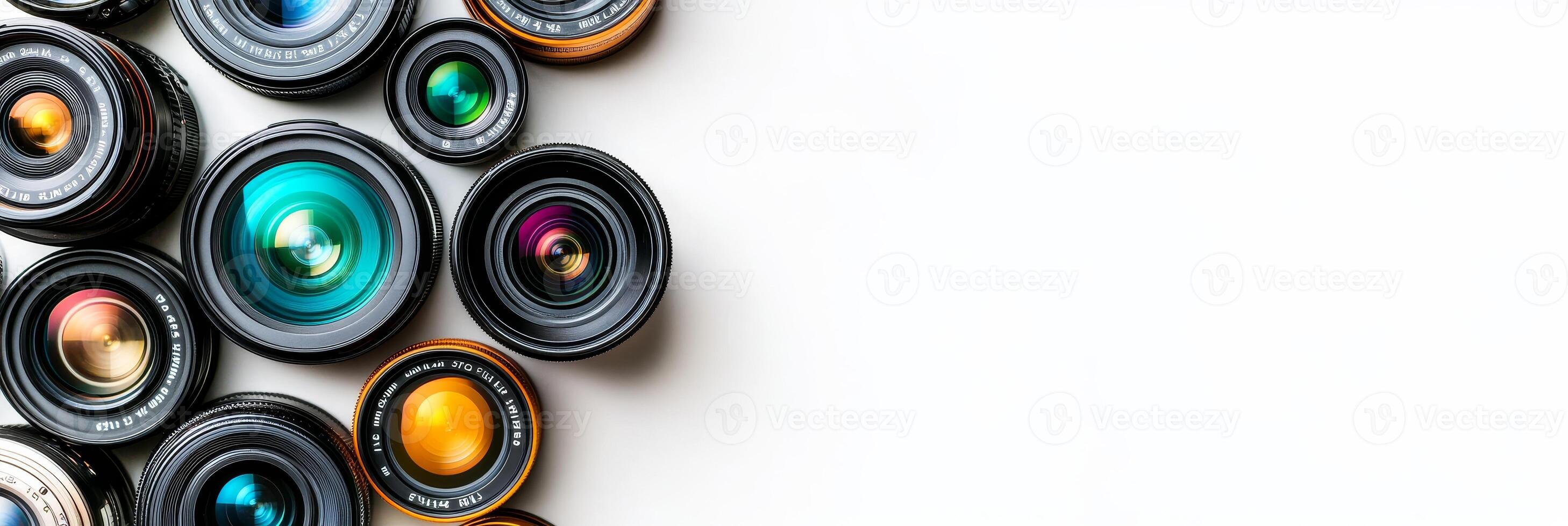 Variety Of Photography Lenses On A White Background. Photography Equipment With Copy Space, Banner. photo