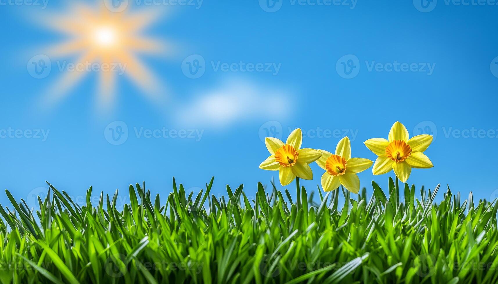 Three Yellow Daffodils, Sun, And Blue Sky On Sunny Day. Spring Flower Background With Copy Space photo