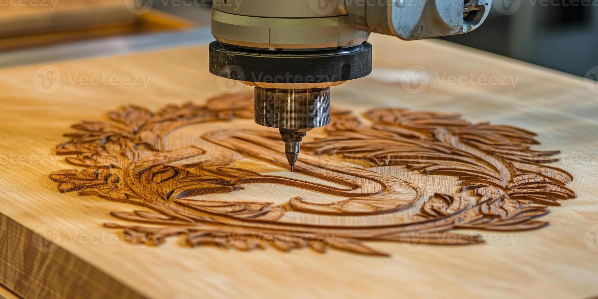CNC Router Engraving Intricate Company Design on Wood Product, High Resolution Detail photo