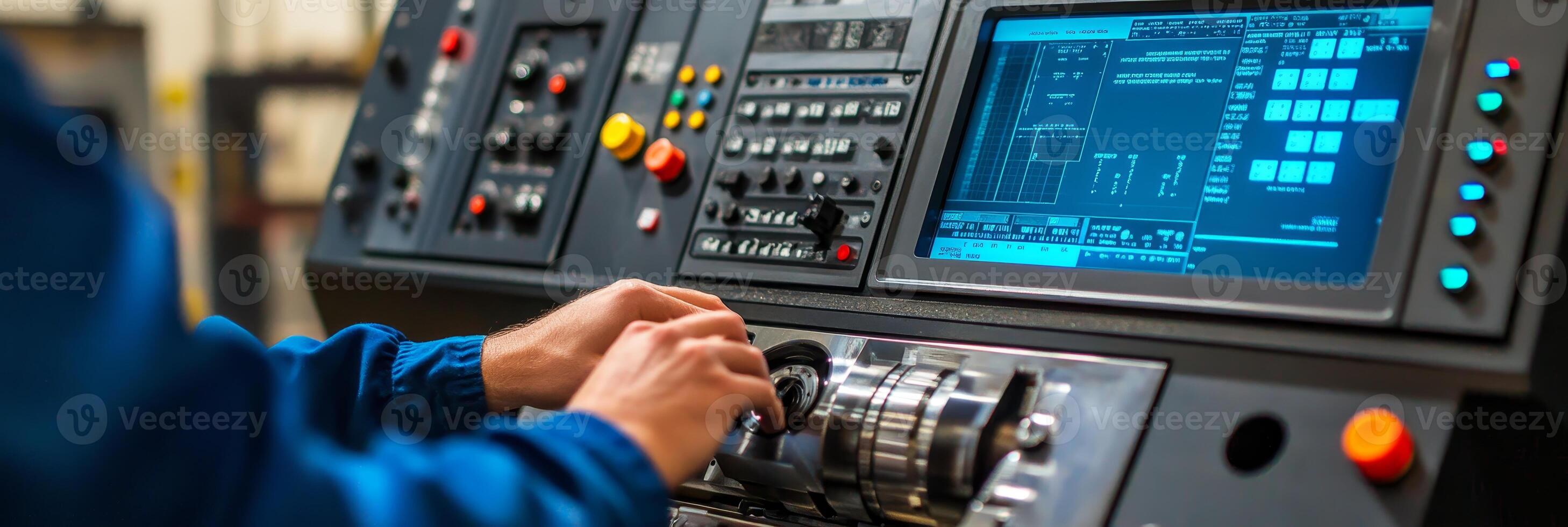 Skilled CNC Operator Adjusting Controls, Precision Machining in Action, Industrial Workshop Setting photo