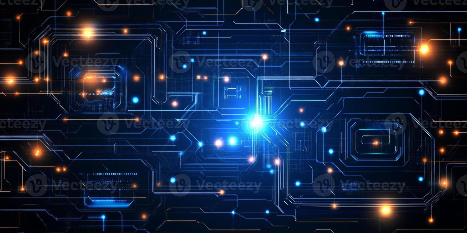 Futuristic Tech Background, Flowing Pattern of Blue Digital Circuits, Bright Points of Light photo