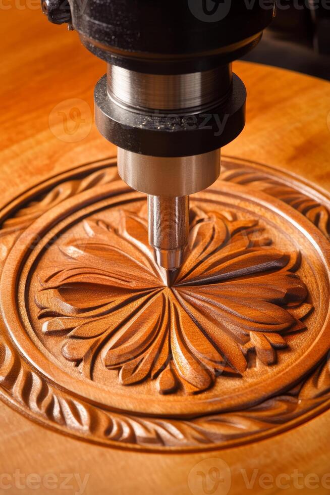 CNC Router Carving Intricate Floral Pattern in Wood Craftsmanship, Precision, Automation photo