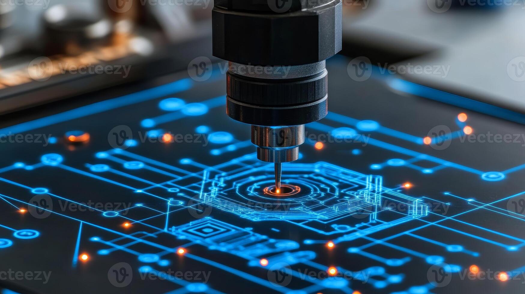CNC Milling Machine Carving Complex Design on Circuit Board, Blue Lighting, Clean Environment photo