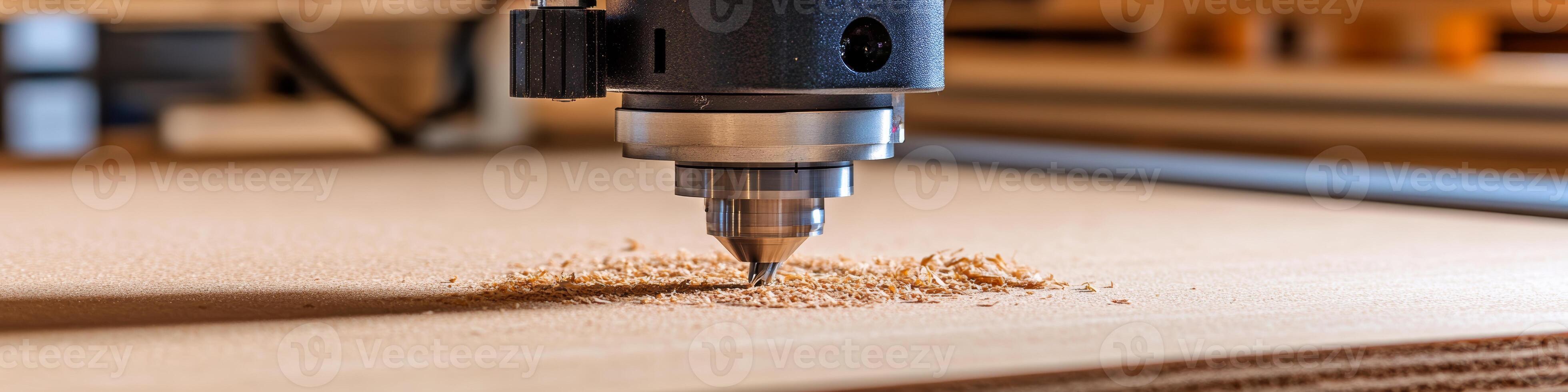 CNC Router Making Cut. Motion Blur On Tool. Sawdust. Workshop Environment. Digital Manufacturing. photo