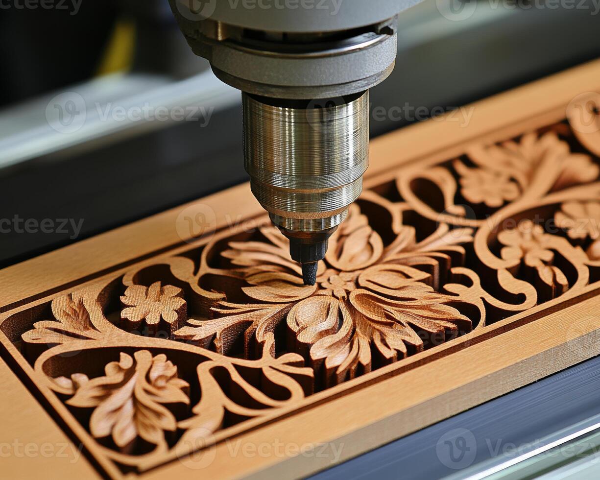 CNC Engraving Machine Carving Ornate Design Into Leather Material, Manufacturing And Craftsmanship photo