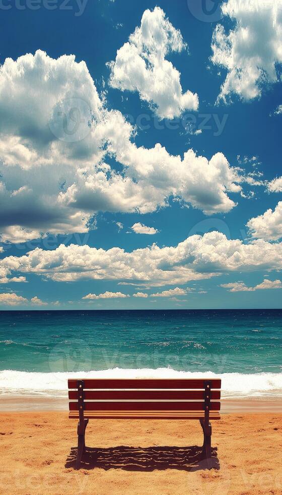 Serene Beach Escape Inviting Empty Bench with Azure Ocean and Picturesque Cloudscape photo