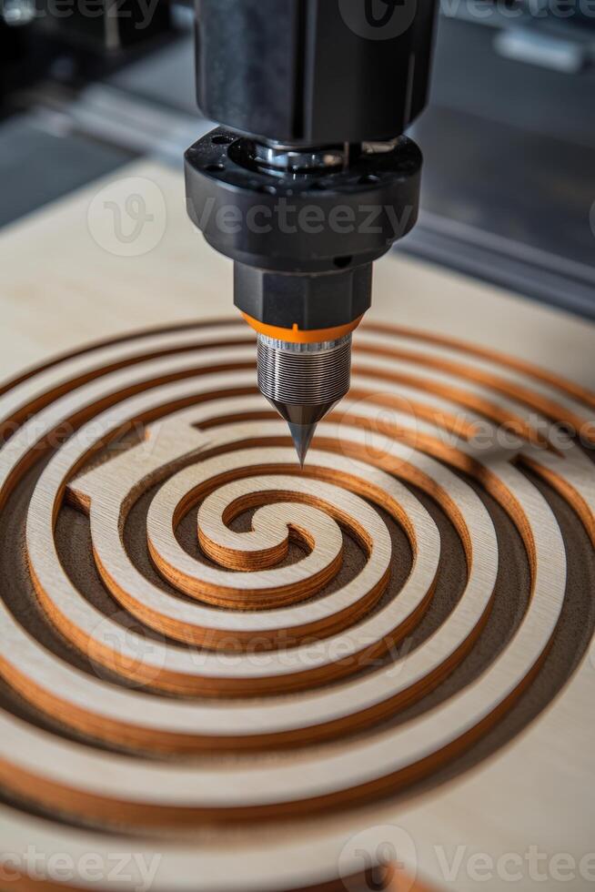 A 3d printer is cutting a spiral into a wooden board photo