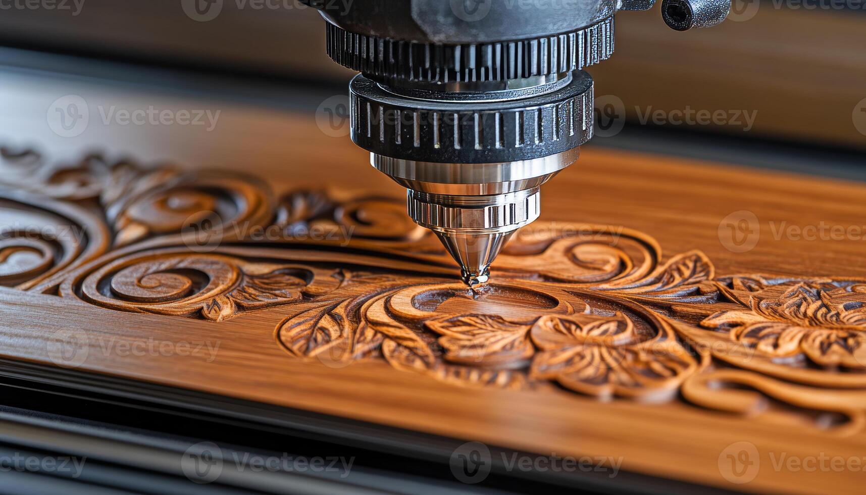 CNC Router Carving Ornate Floral Pattern on Wood Technology Meets Craftsmanship, Motion Blur photo