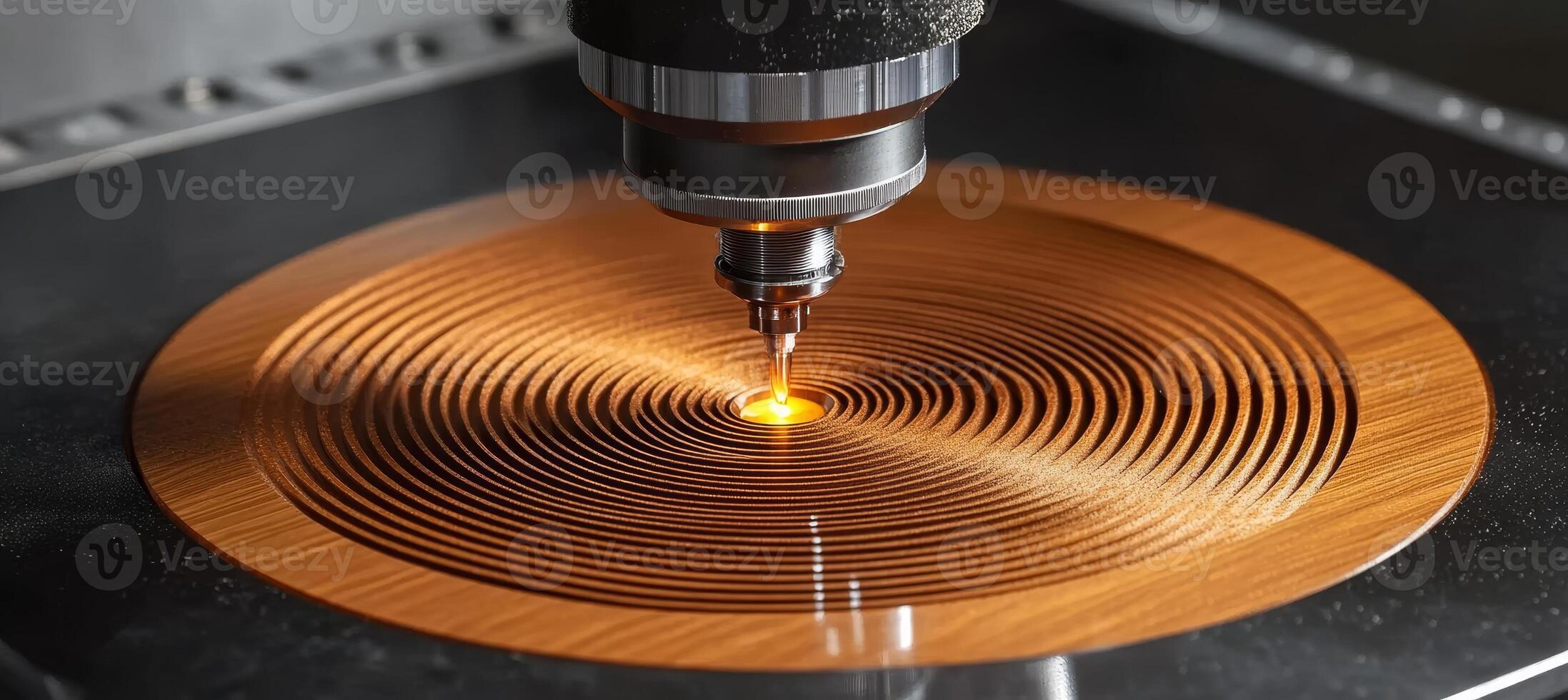 Close-Up, Overhead View of CNC Router Creating Ornate Circular Pattern on Wooden Surface photo