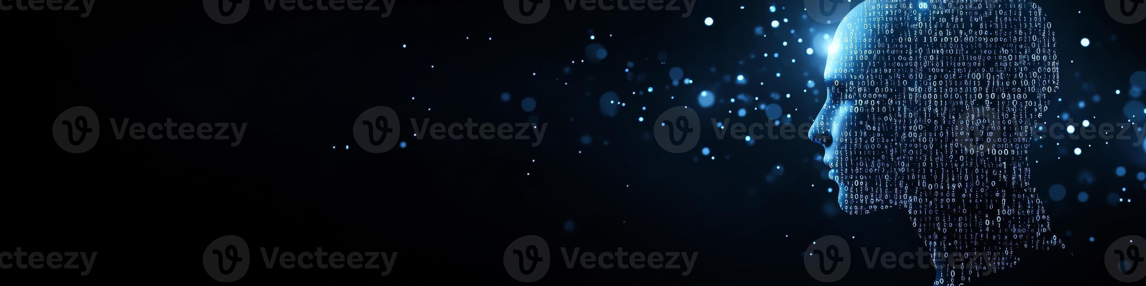 Glowing Blue Head Profile Made of Circuit Paths and Binary Numbers on a Dark Sapphire Background photo