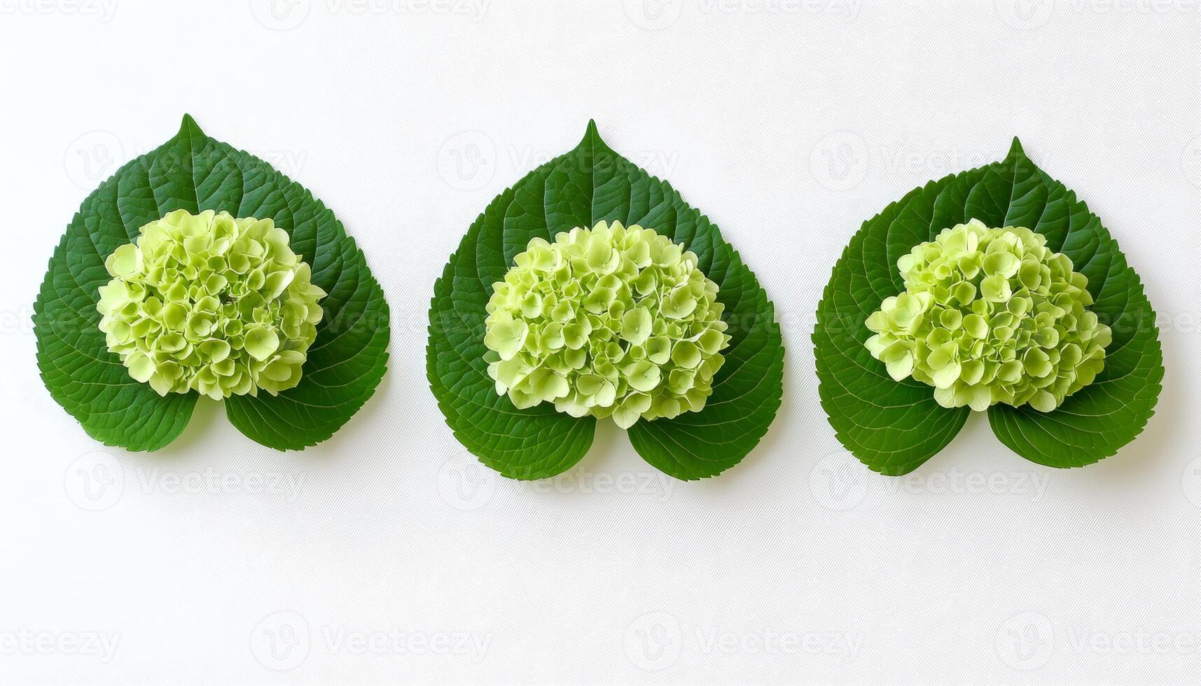Three Green Hydrangea Flowers in Heart-Shaped Leaves on White Background, Copy Space. photo