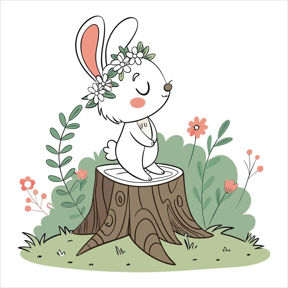 Cute bunny standing on tree vector