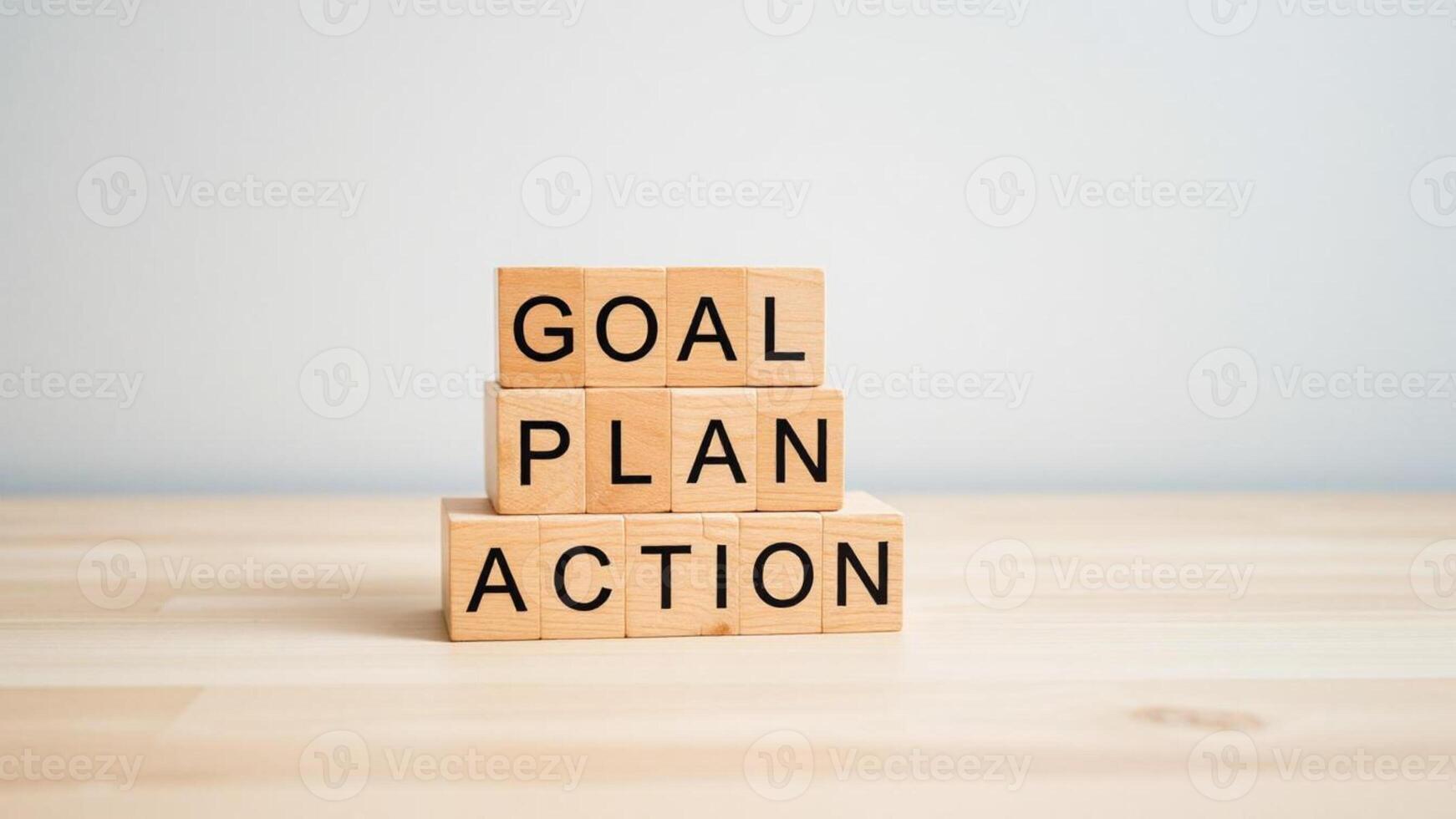 A stack of wooden blocks with the words goal plan action written on them. Generate Ai photo